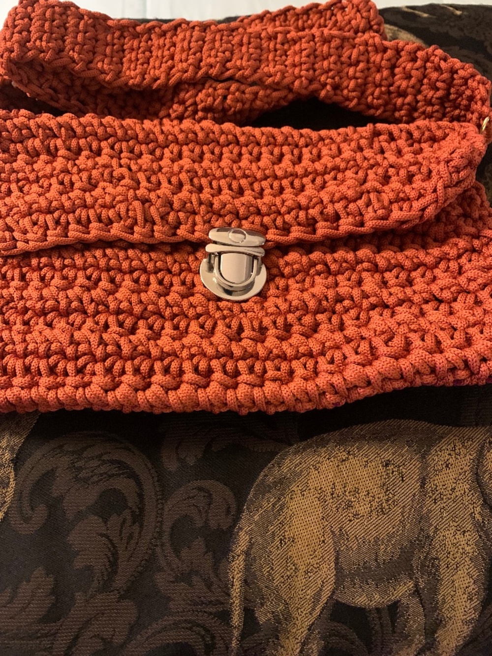 Burnt orange crocheted handmade clutch handbag with straps, New
